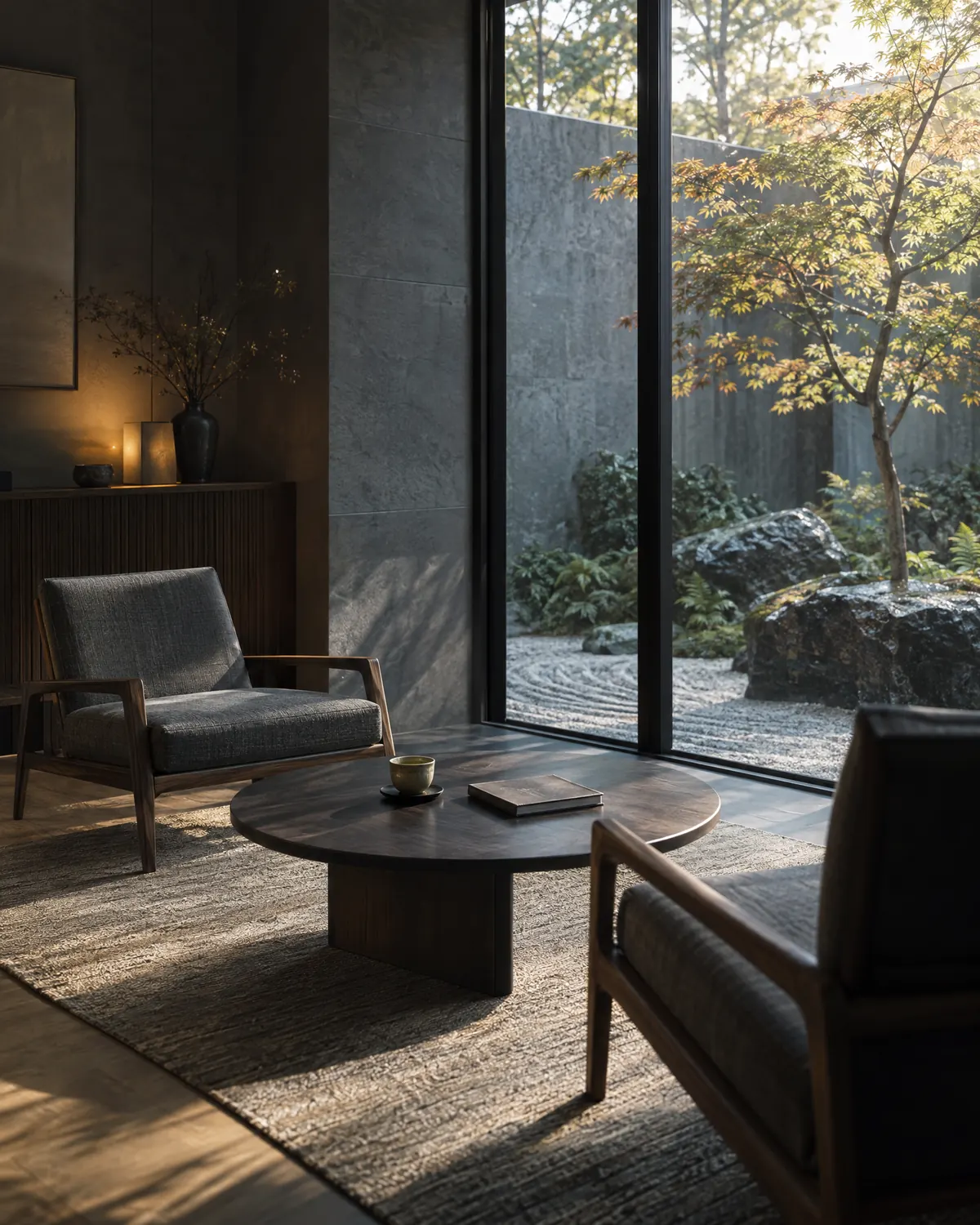A calm meeting room opening onto a Japanese garden