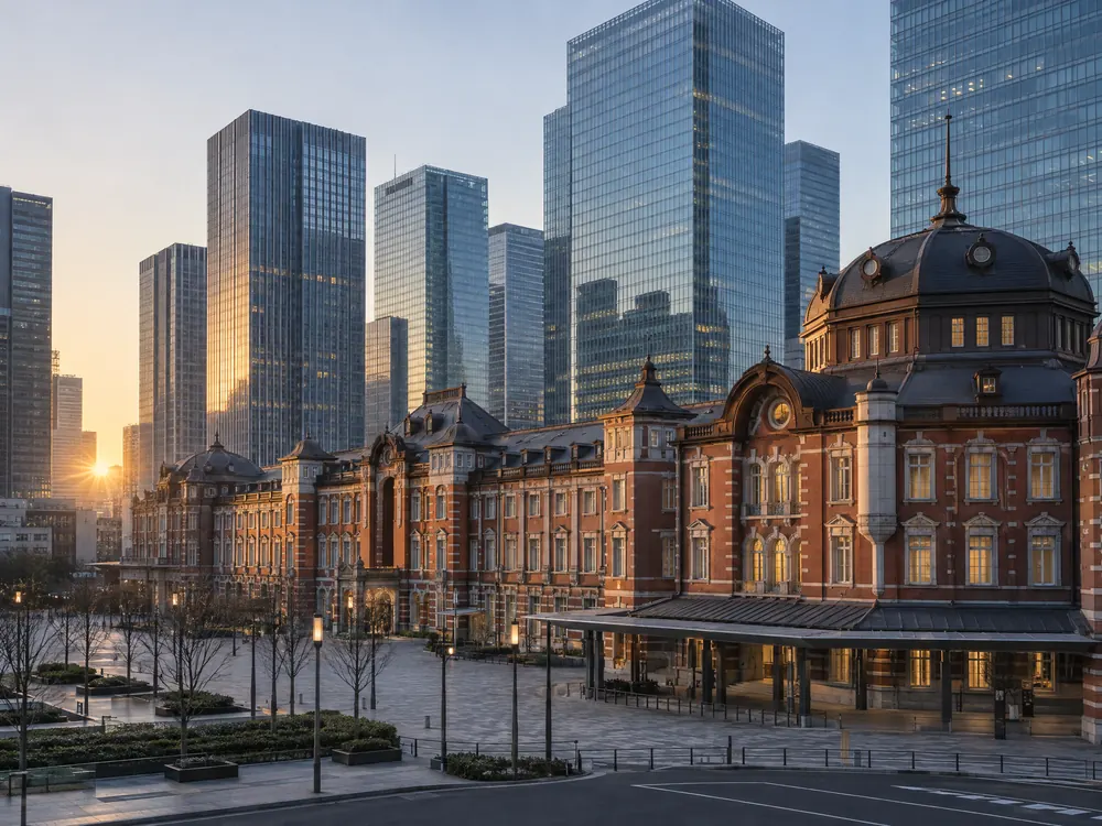 Tokyo Station's red-brick building in front of modern glass towers at dawn